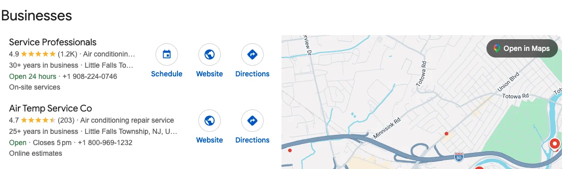 Google map pack showing Air Temp Service Co for ac repair in Little Falls NJ