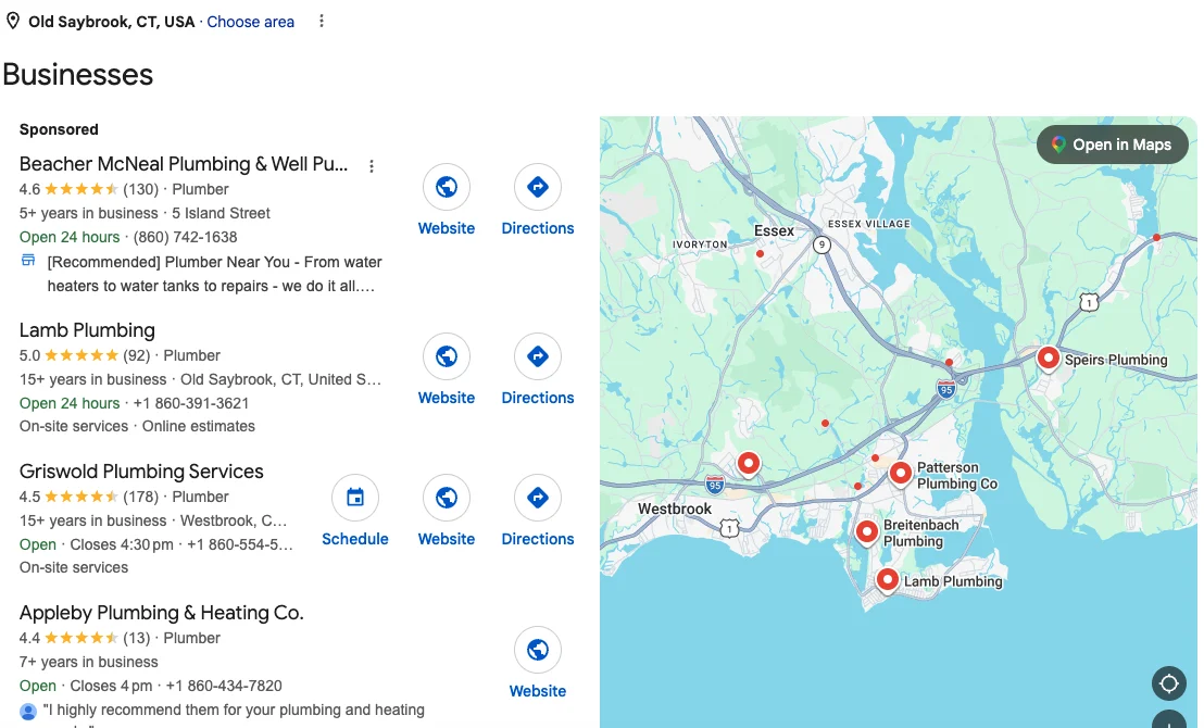 Google map pack showing Griswold Plumbing Services for plumbing repair in Old Saybrook CT