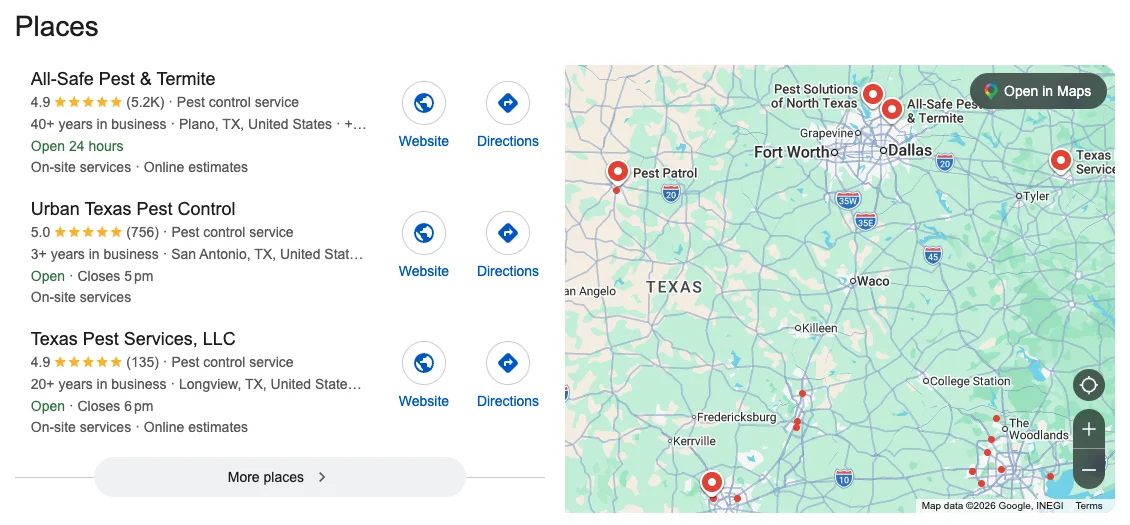 Google map pack showing Texas Pest Services LLC for pest control in Texas